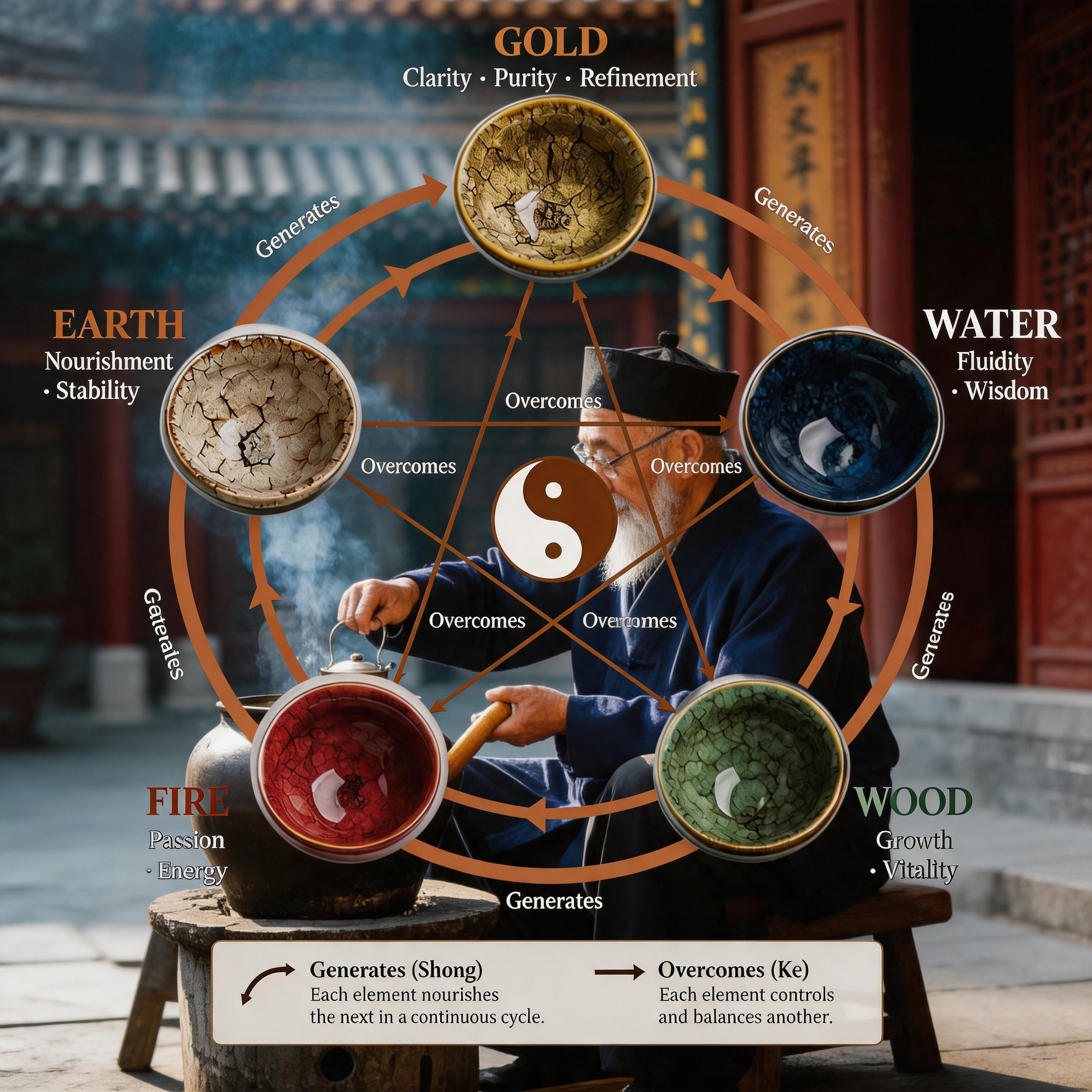 Five Elements Transforming Tea Cup Set (5pcs) + 5-Year Aged Pu’er Tea Cubes | Handcrafted Kiln Glaze Cups, Gold-Wrapped Mini Tea Bricks, Traditional Chinese Wellness Tea Set