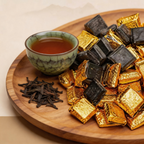 Five Elements Transforming Tea Cup Set (5pcs) + 5-Year Aged Pu’er Tea Cubes | Handcrafted Kiln Glaze Cups, Gold-Wrapped Mini Tea Bricks, Traditional Chinese Wellness Tea Set