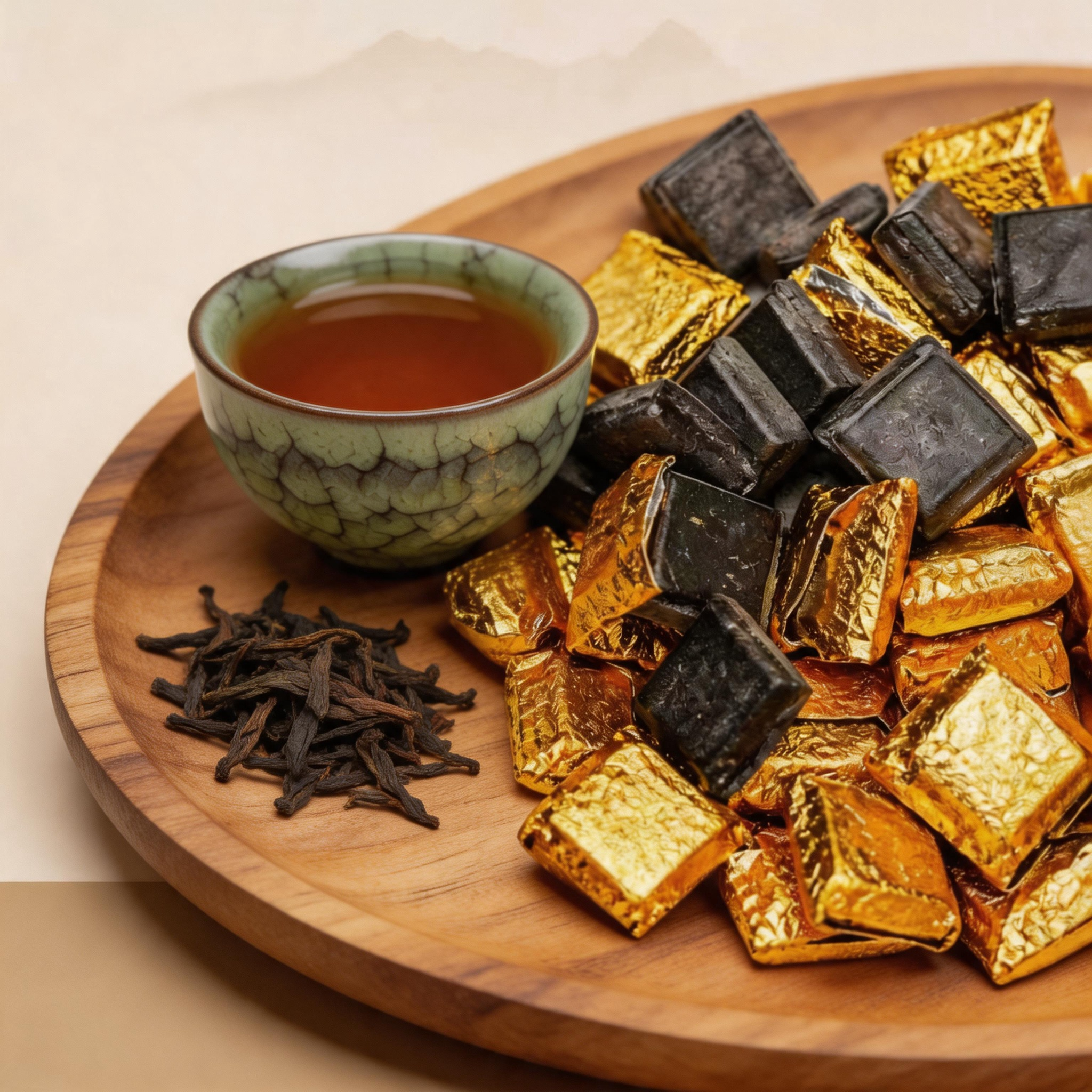 Five Elements Transforming Tea Cup Set (5pcs) + 5-Year Aged Pu’er Tea Cubes | Handcrafted Kiln Glaze Cups, Gold-Wrapped Mini Tea Bricks, Traditional Chinese Wellness Tea Set