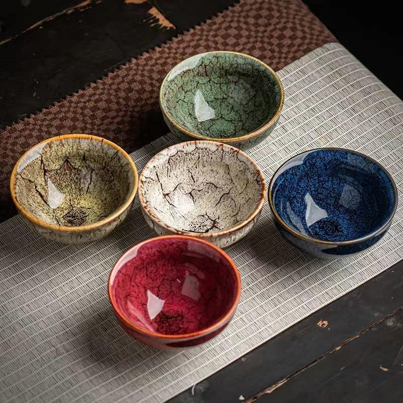 Five Elements Transforming Tea Cup Set (5pcs) + 5-Year Aged Pu’er Tea Cubes | Handcrafted Kiln Glaze Cups, Gold-Wrapped Mini Tea Bricks, Traditional Chinese Wellness Tea Set