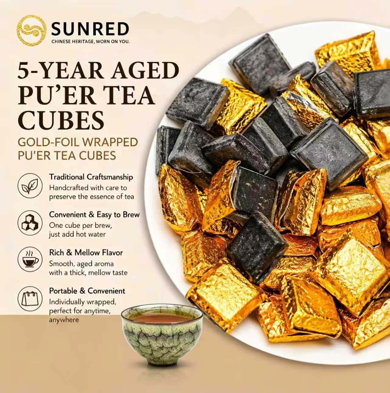 Five Elements Transforming Tea Cup Set (5pcs) + 5-Year Aged Pu’er Tea Cubes | Handcrafted Kiln Glaze Cups, Gold-Wrapped Mini Tea Bricks, Traditional Chinese Wellness Tea Set