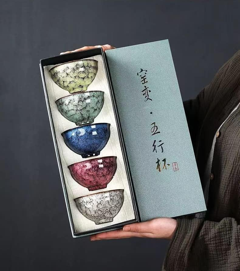 Five Elements Transforming Tea Cup Set (5pcs) + 5-Year Aged Pu’er Tea Cubes | Handcrafted Kiln Glaze Cups, Gold-Wrapped Mini Tea Bricks, Traditional Chinese Wellness Tea Set